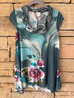 Weston Wear Anthropologie Floral Teal CowlNeck CapSleeve Top Raw Edge Flowy Vibe